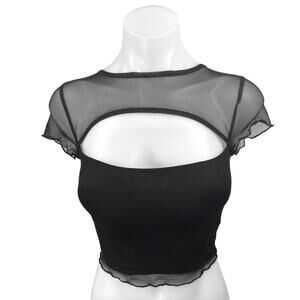 Princess Polly Dobelle Black Mesh Cutout Slim Fit Lace Up Crop Top Blouse Size 2